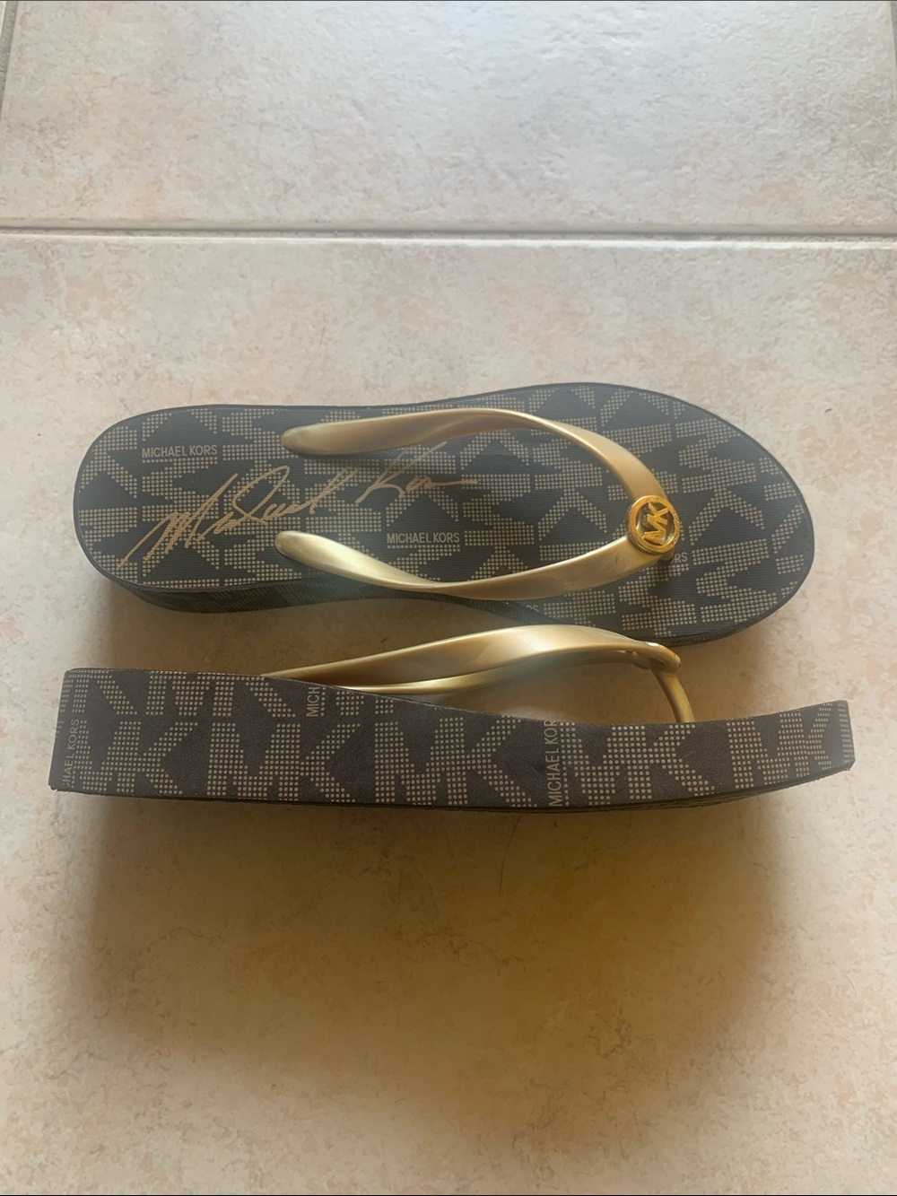 Michael Kors Black and Gold Signature MK Flip Flop Sandals - Picture 3 of 4